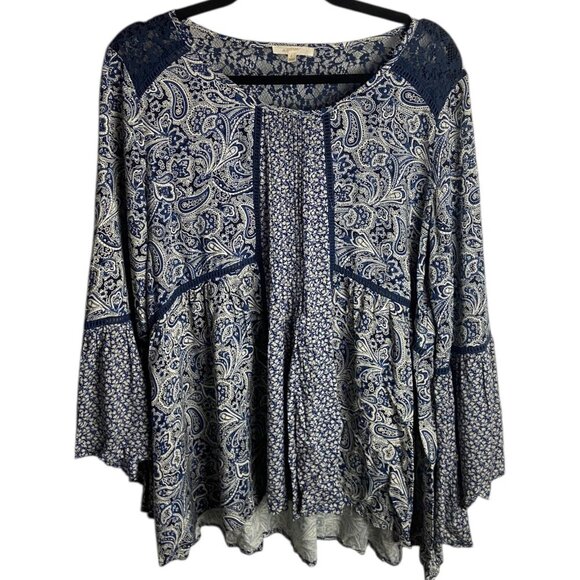 Mystree Size Large Blouse Top Paisley Reto Hippie Fairy Lace Blue Long Sleeve - Picture 1 of 7